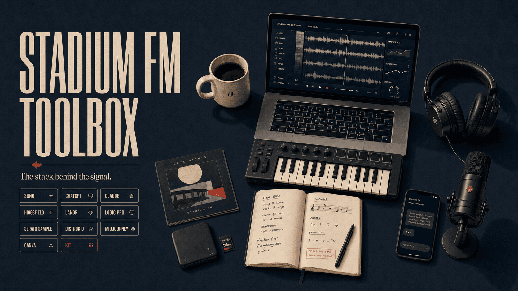 Stadium FM Toolbox artwork showing a music-making desk, creative software, studio equipment, and notebooks.
